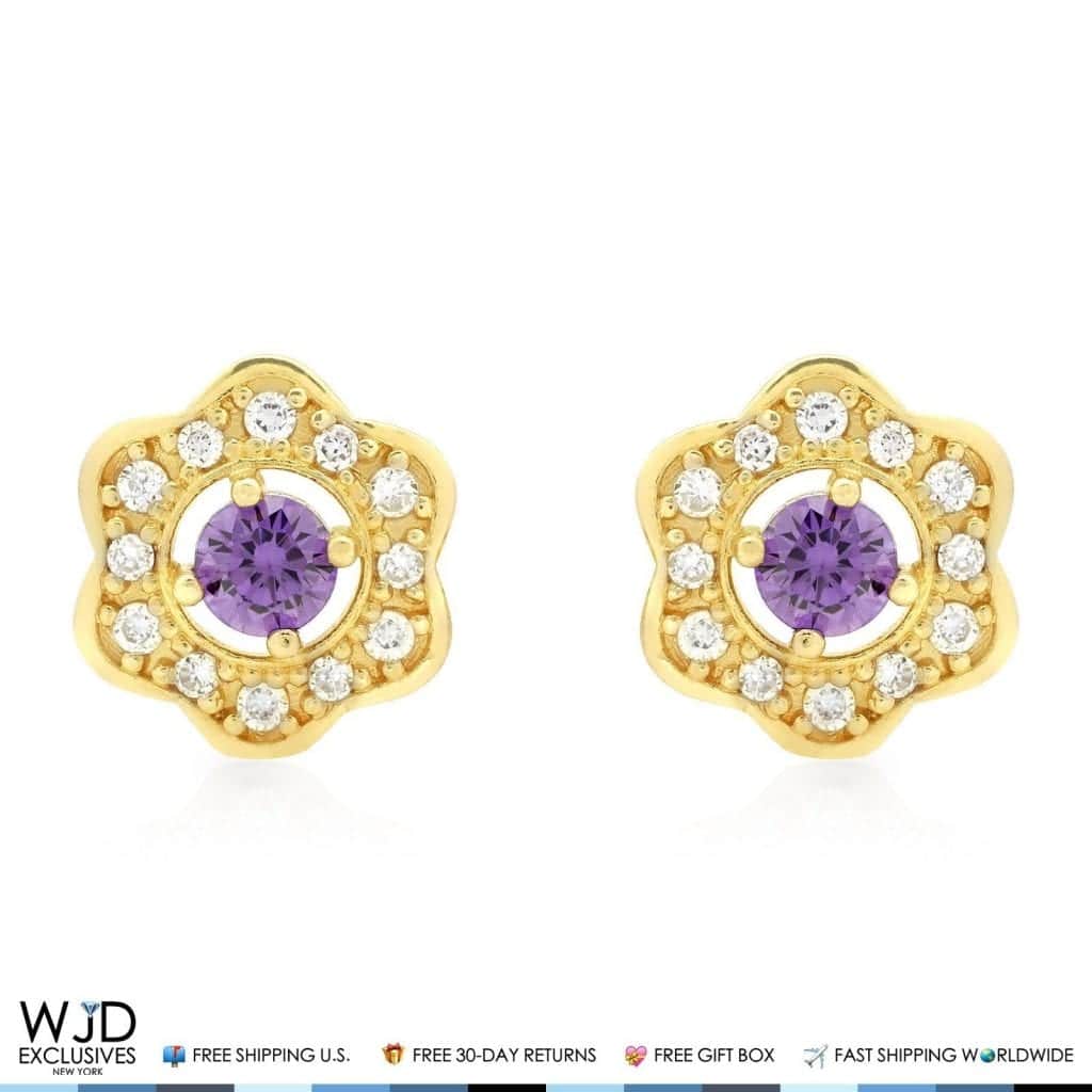 14k Yellow Gold 0.50Ct CZ & Amethyst Flower Cluster Stud Earrings