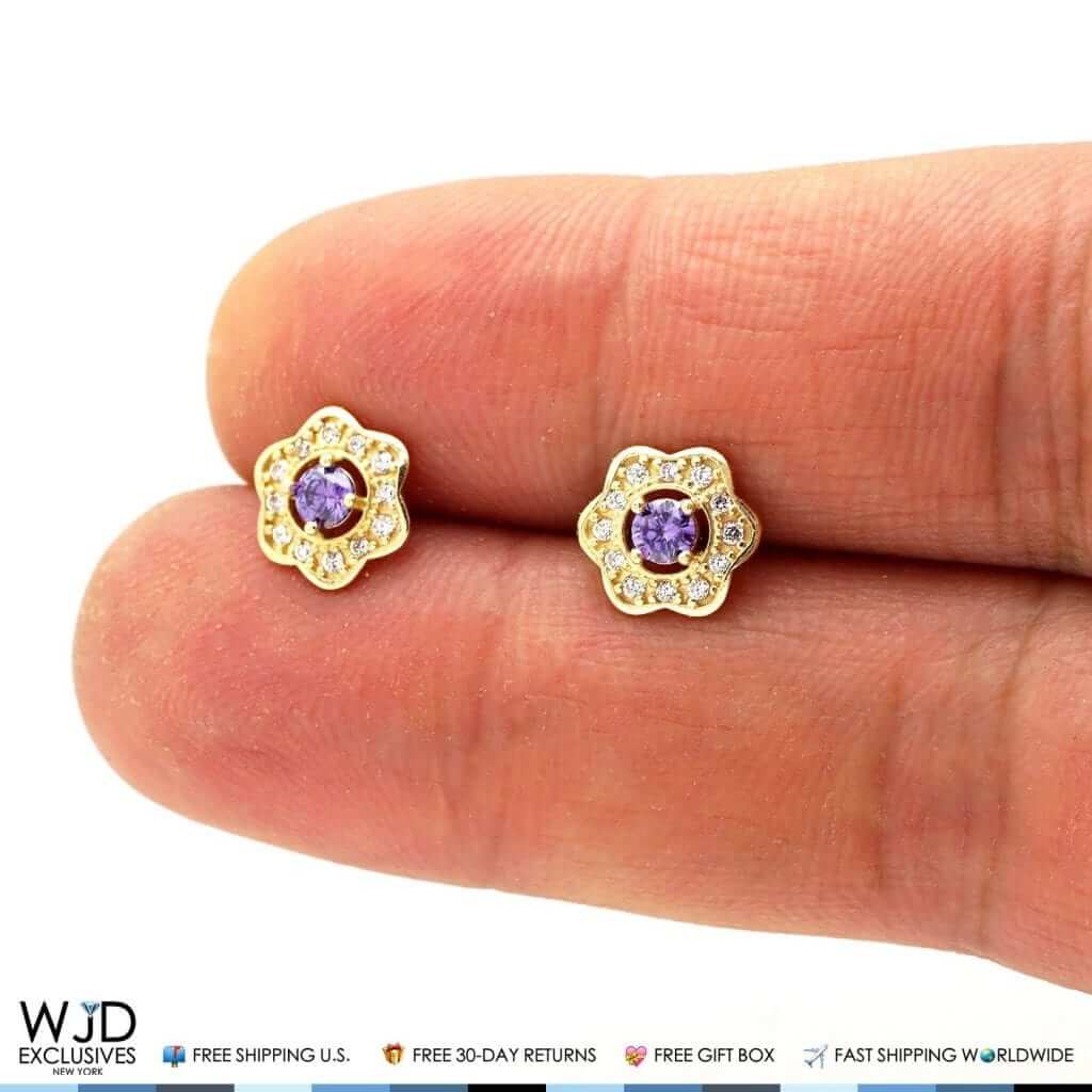 14k Yellow Gold 0.50Ct CZ & Amethyst Flower Cluster Stud Earrings