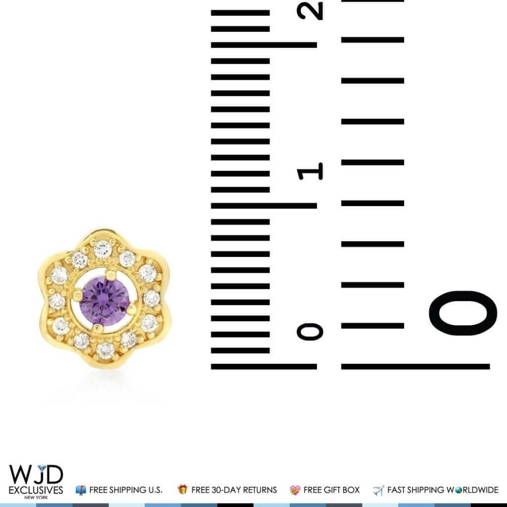 14k Yellow Gold 0.50Ct CZ & Amethyst Flower Cluster Stud Earrings