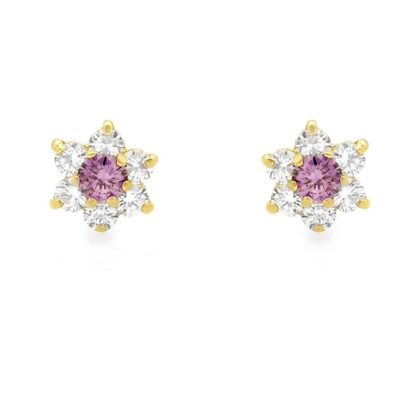 14k Yellow Gold CZ & Alexandrite Flower Shape Stud Earrings 6mm