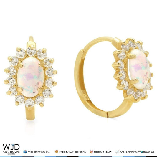 0.70CTW CZ 14k Yellow Gold Oval Fire Opal Huggie Hoop Earrings