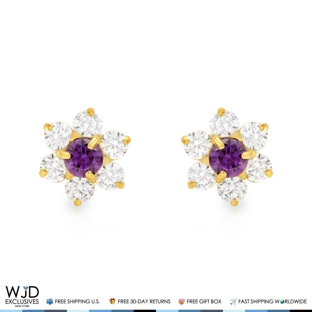 14k Yellow Gold 0.70Ct CZ & Birthstones Flower Stud Earrings 8mm