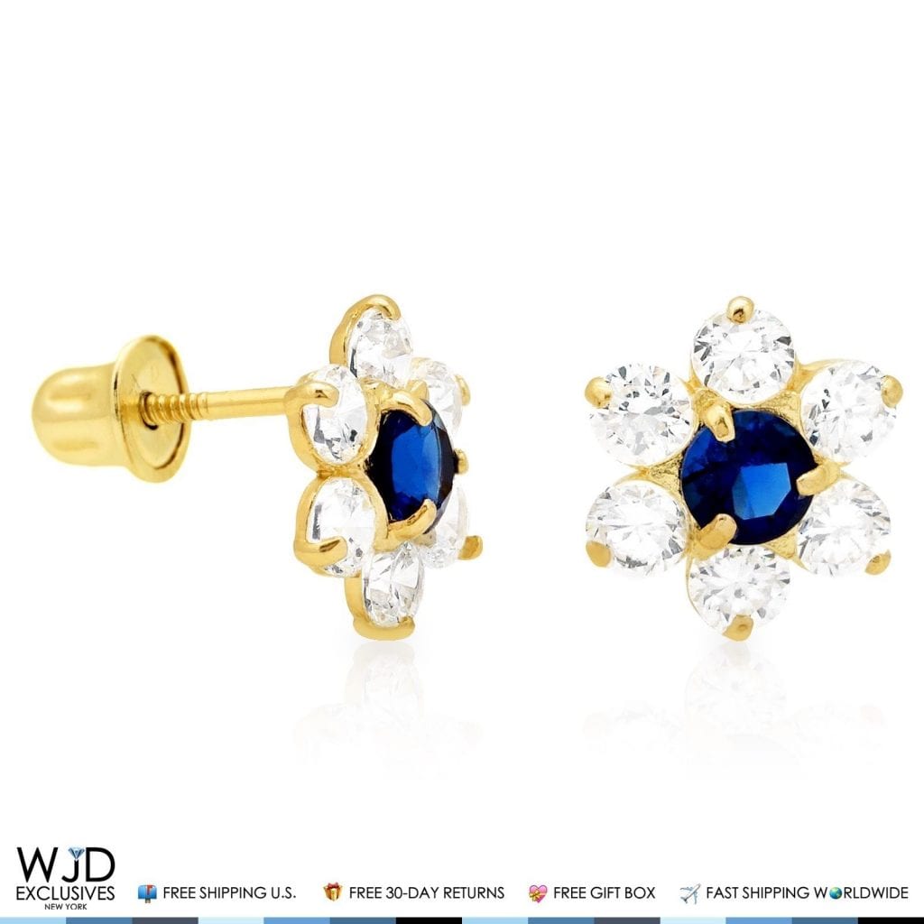 14k Yellow Gold 0.70Ct CZ & Birthstones Flower Stud Earrings 8mm