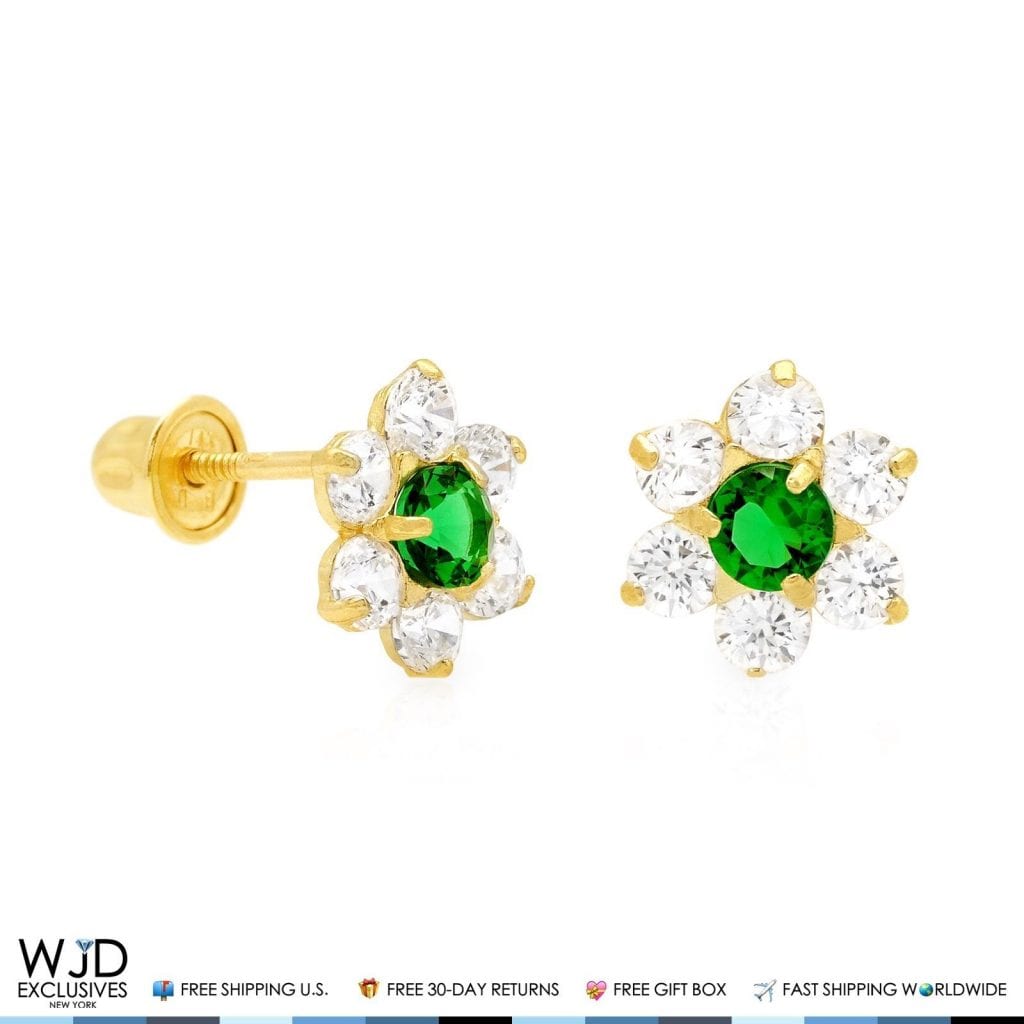 14k Yellow Gold 0.70Ct CZ & Birthstones Flower Stud Earrings 8mm