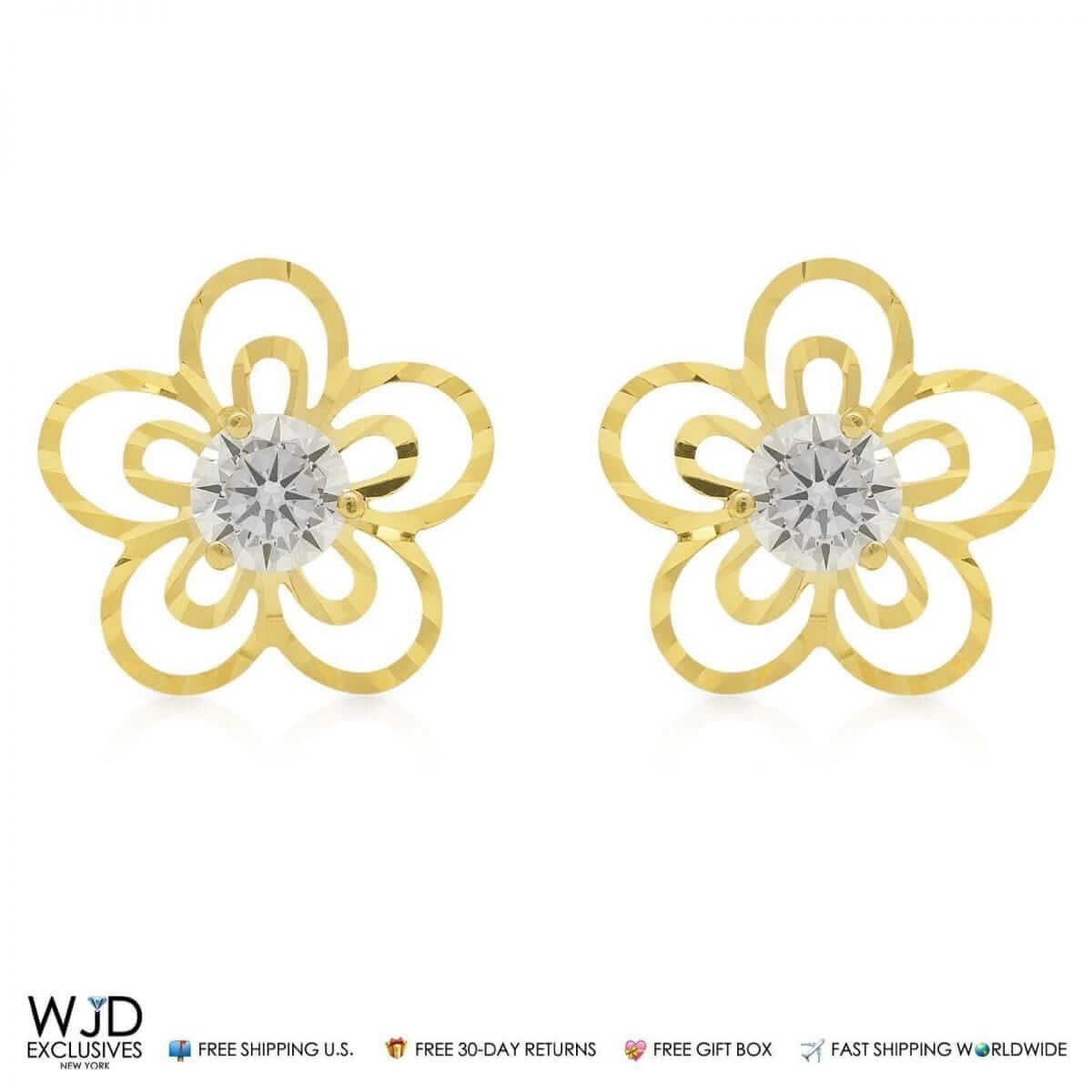 1CTW CZ 14K Gold Diamond-Cut Flower Stud Earrings 13mm