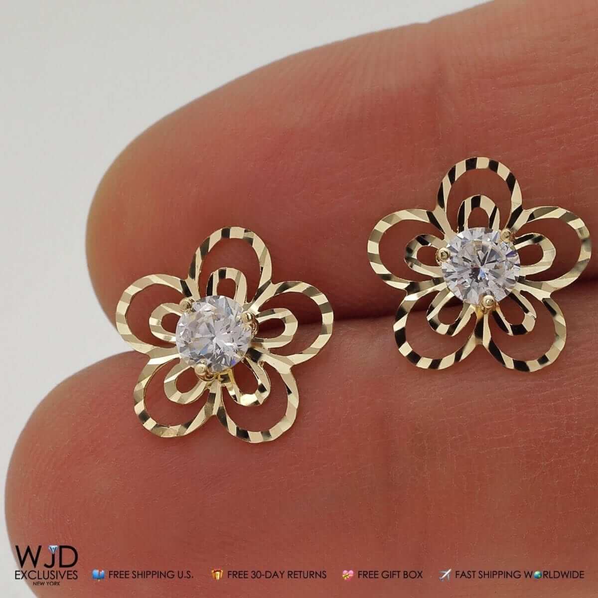1CTW CZ 14K Gold Diamond-Cut Flower Stud Earrings 13mm