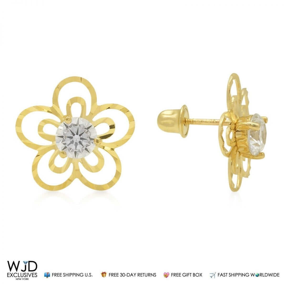 1CTW CZ 14K Gold Diamond-Cut Flower Stud Earrings 13mm
