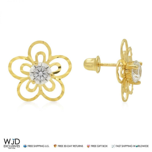 1CTW CZ 14K Gold Diamond-Cut Flower Stud Earrings 13mm
