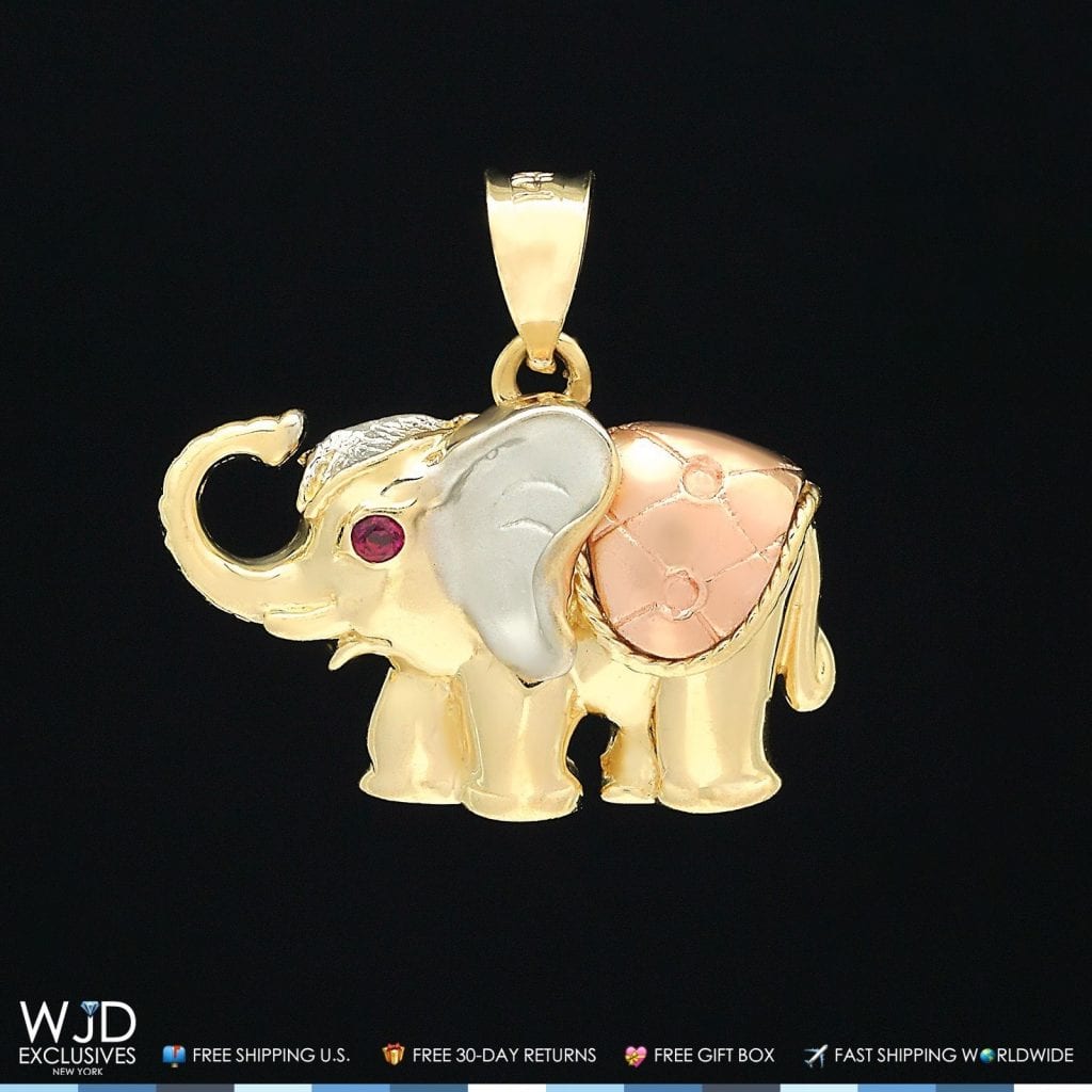 14k Yellow Gold Created Red Garnet Stone Good Luck Elephant Charm Pendant