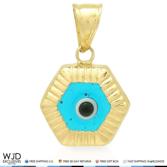 14k Yellow Gold Hexagonal Shape Evil Eye Good Luck Charm Pendant 20mm