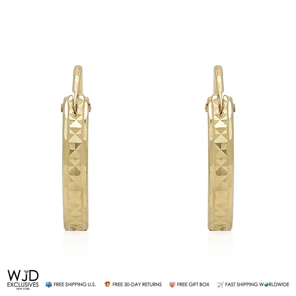 14k Yellow Solid Italian Gold Diamond-Cut Hoop Earrings 15mm