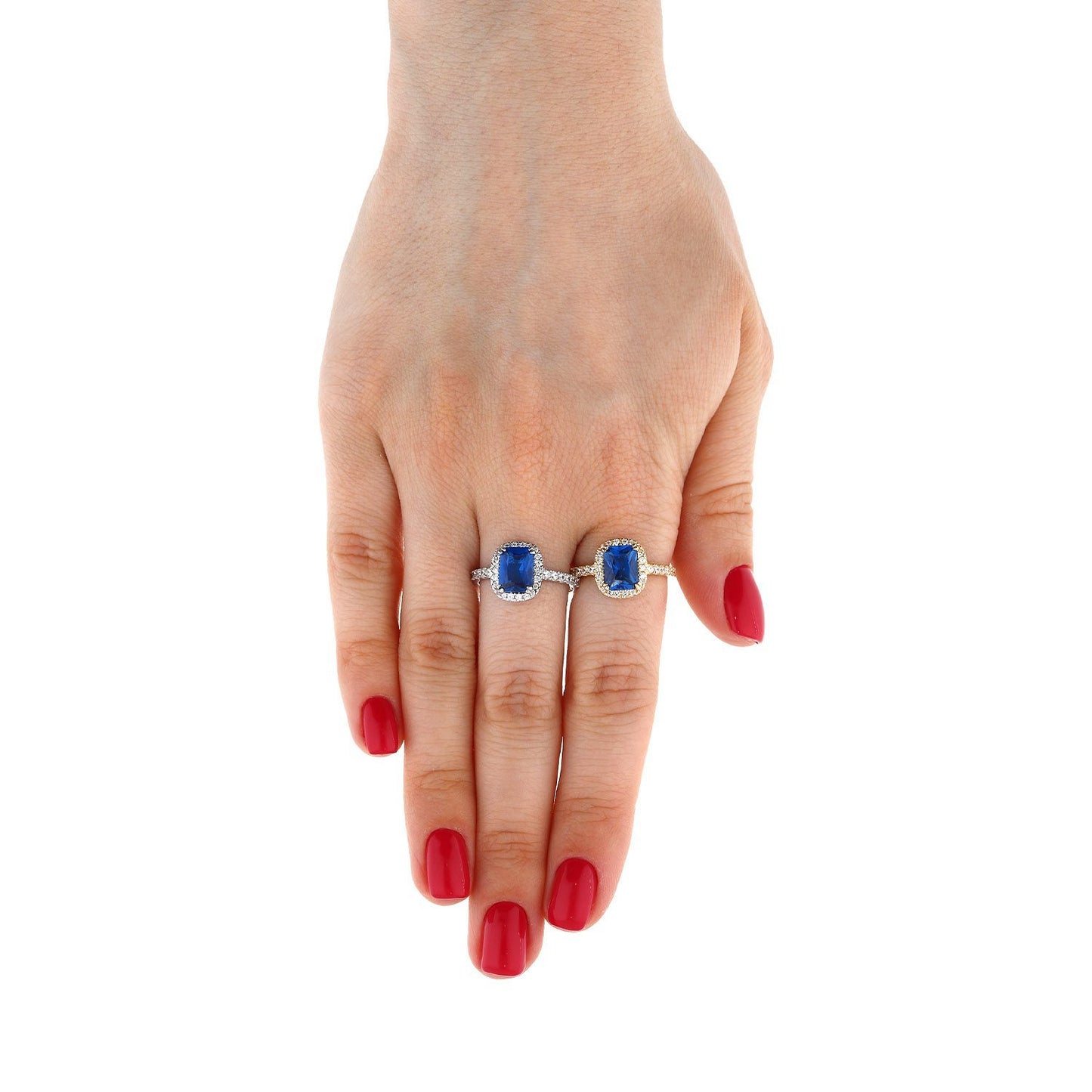 14K Gold Yellow White Emerald Cut Blue Sapphire Zirconia Halo Engagement Ring