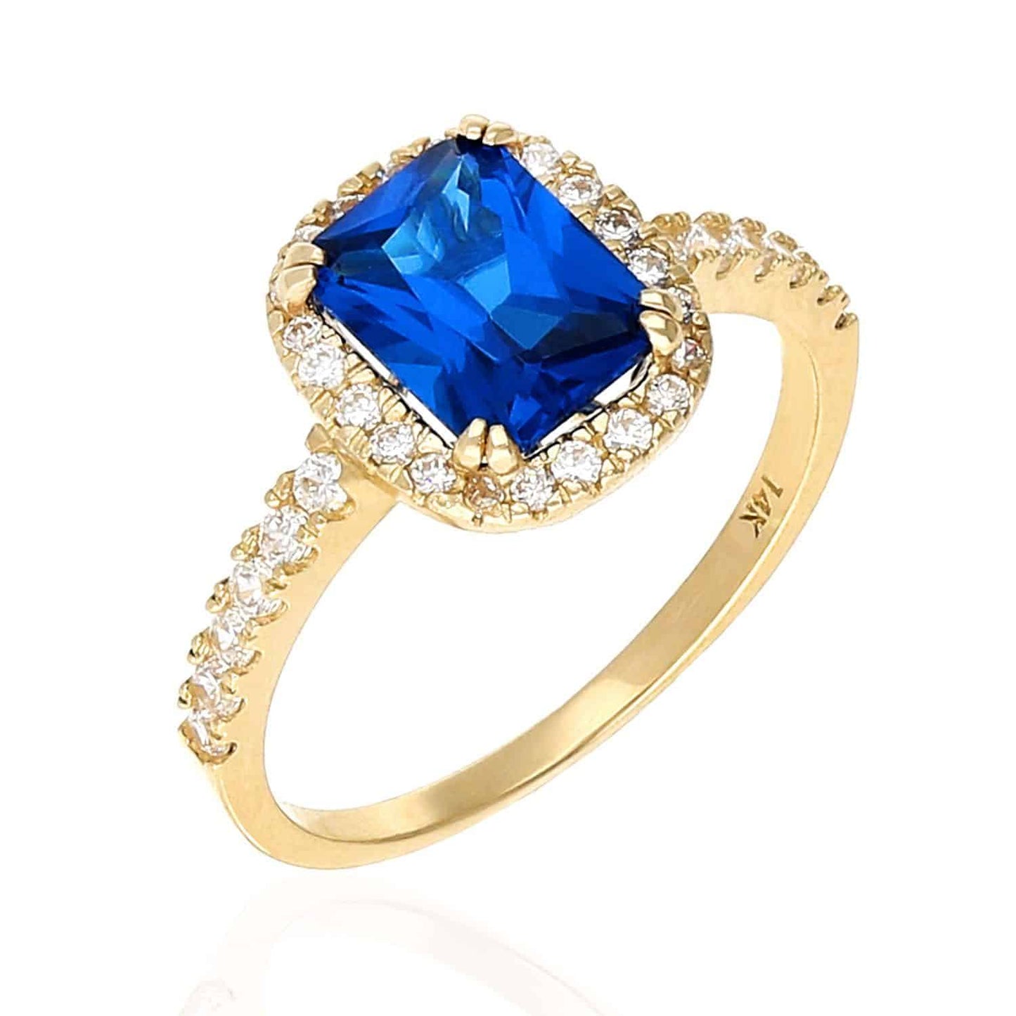 14K Gold Yellow White Emerald Cut Blue Sapphire Zirconia Halo Engagement Ring