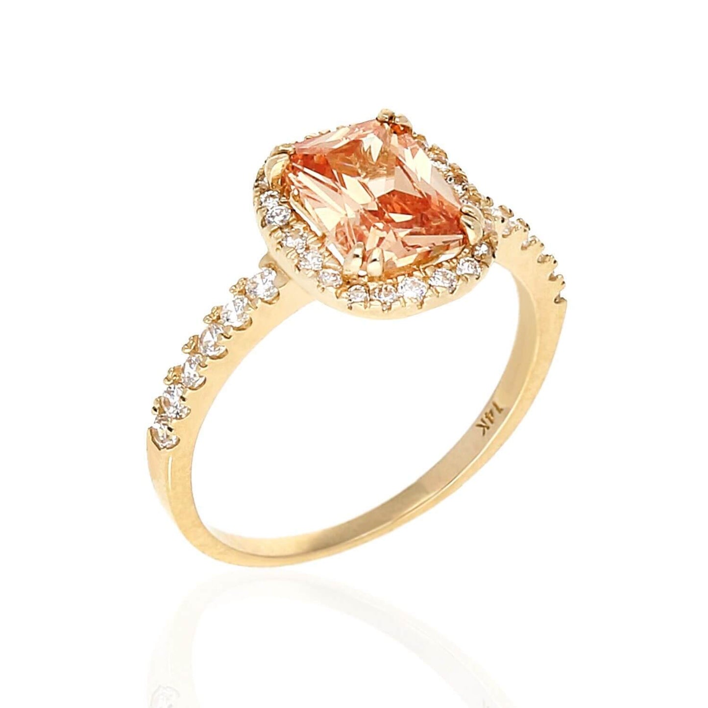 14K Gold CZ Emerald-Cut Champagne Halo Engagement Ring