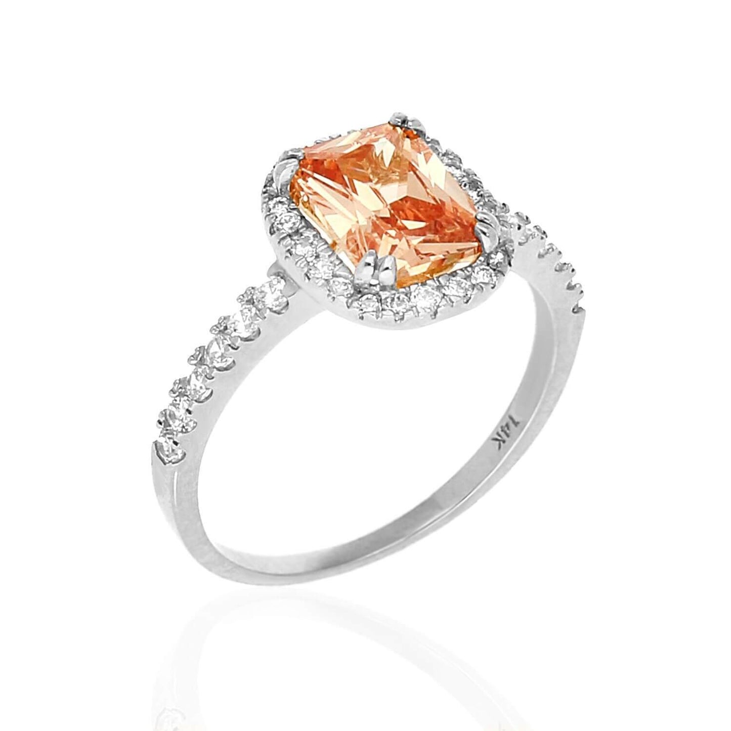14K Gold CZ Emerald-Cut Champagne Halo Engagement Ring