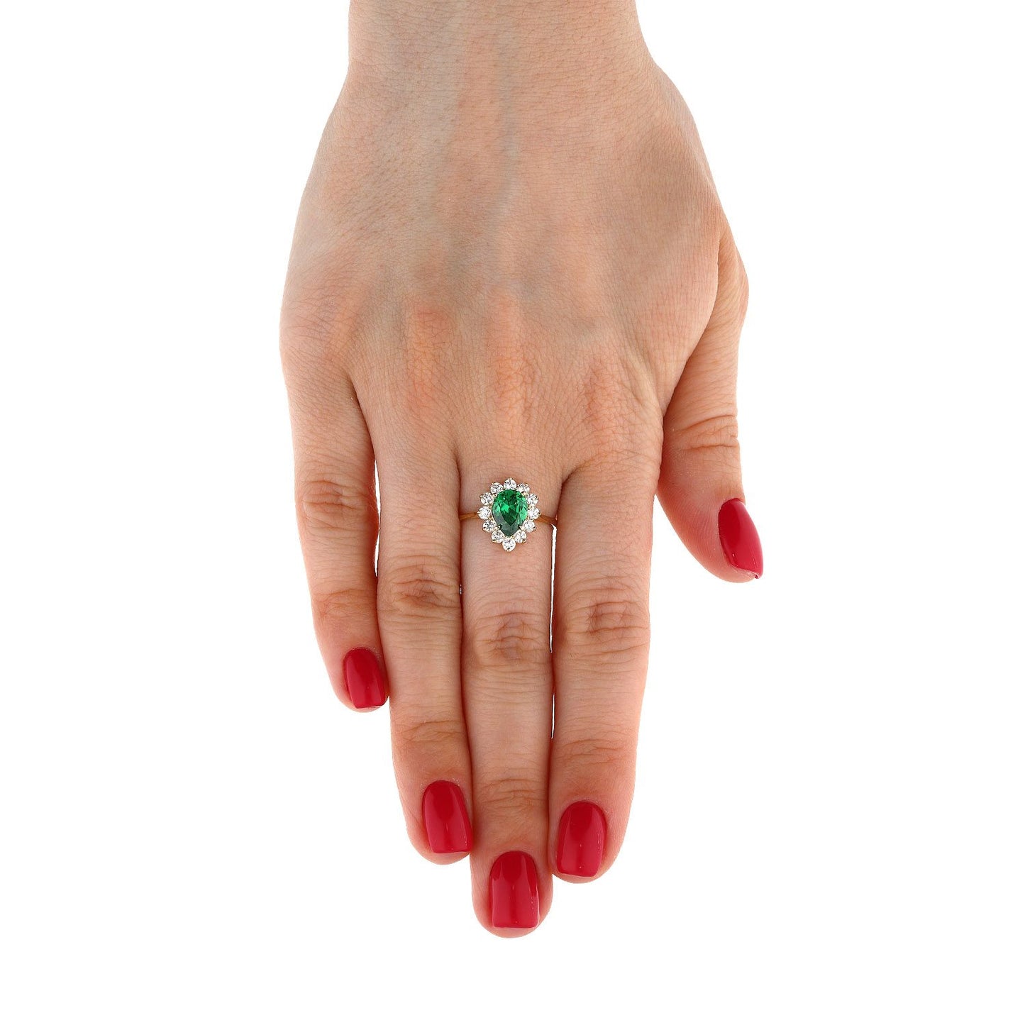 14K Gold Yellow Pear Cut Emerald And Zirconia Cocktail Halo Ring