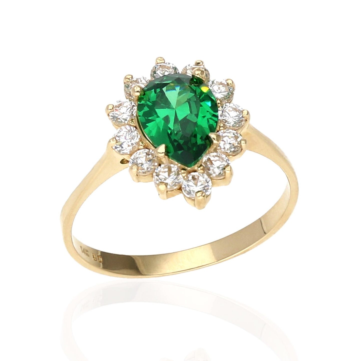 14K Gold Yellow Pear Cut Emerald And Zirconia Cocktail Halo Ring