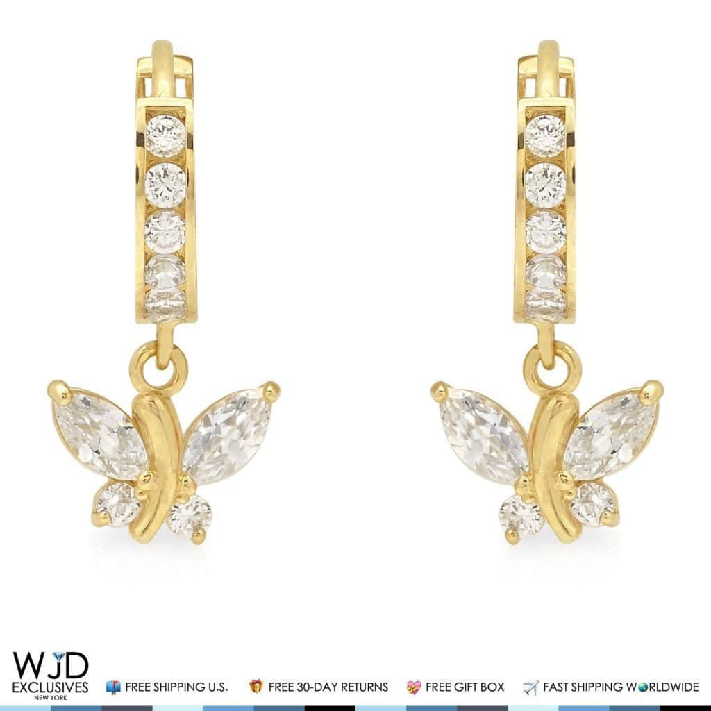 1.50CTW CZ 14K Yellow Gold Butterfly Huggie Hoop Dangle Earrings