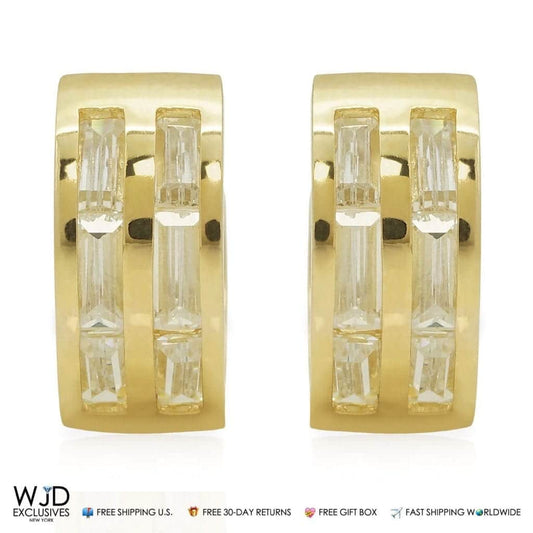 Double-Row Simulated Baguette Diamond Huggie Hoop Earrings 14K Yellow Gold