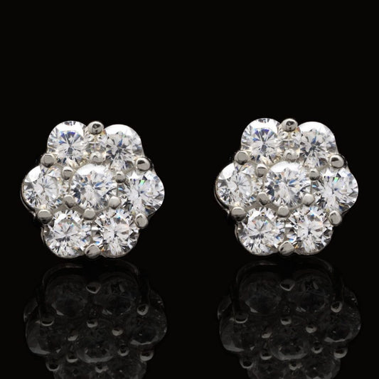 1.50CTW CZ 14K White Gold Round Flower Cluster Stud Earrings