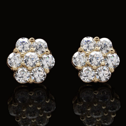 1.50Ct Round CZ 14K Yellow Gold Flower Cluster Stud Earrings