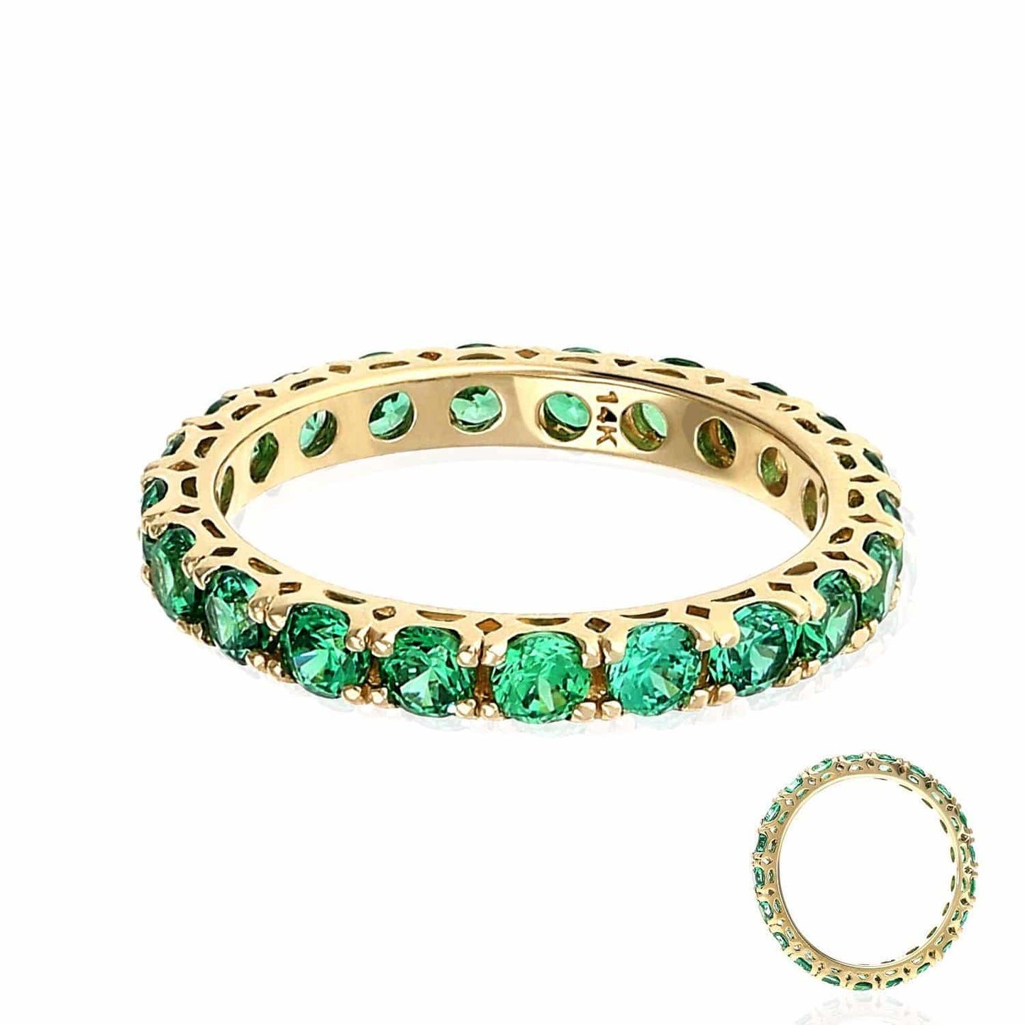 14K Gold Yellow 1.5CTW Simulated Green Emerald Full Eternity 3mm Band Ring