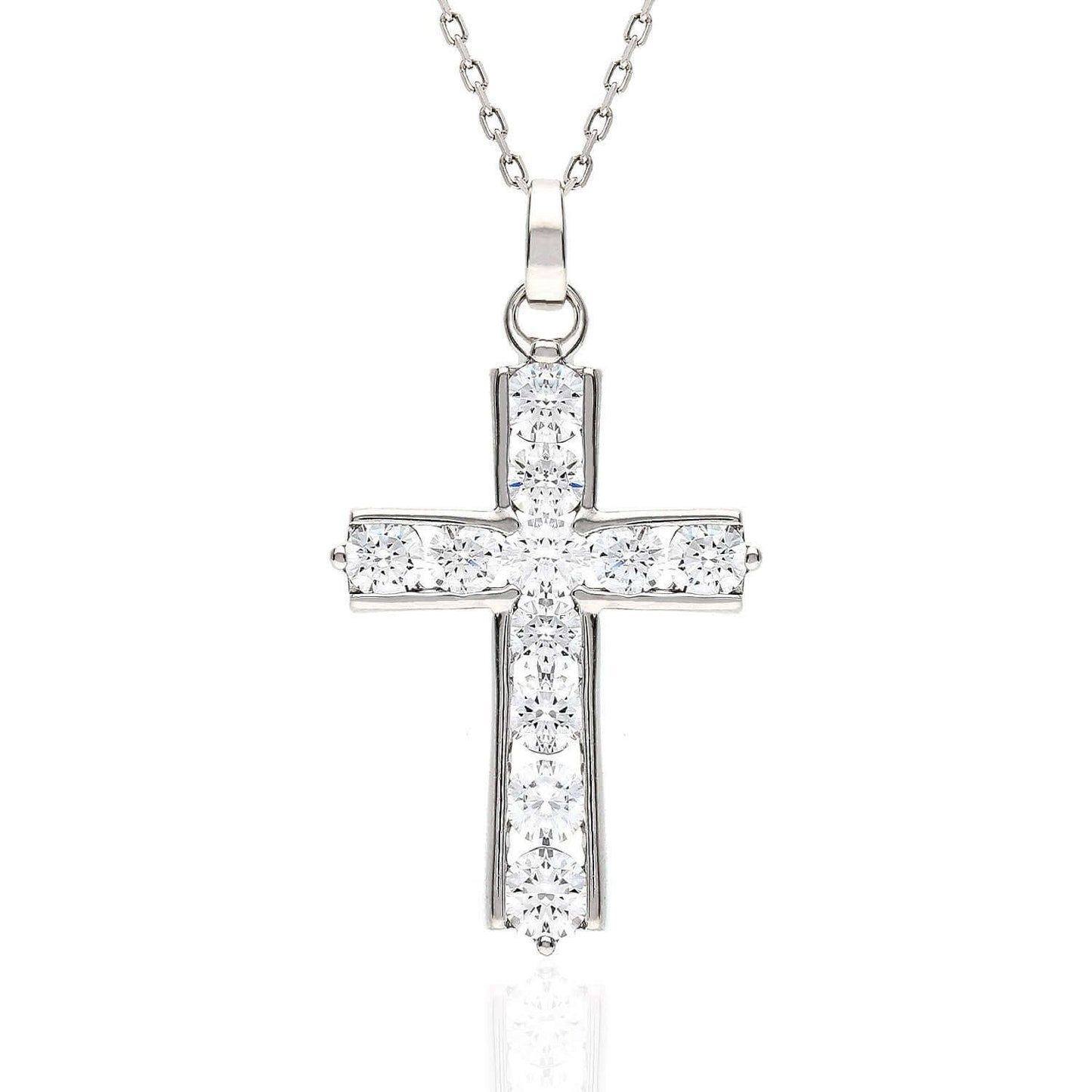 White Gold Over Sterling Silver Channel Set Zirconia Cross Pendant Necklace 18"