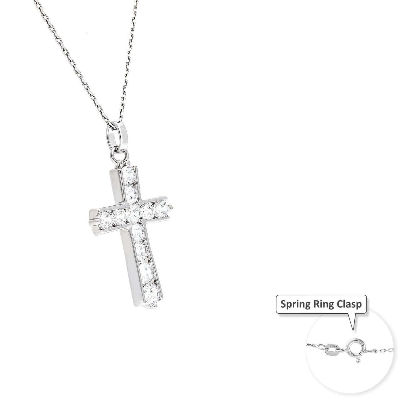 White Gold Over Sterling Silver Channel Set Zirconia Cross Pendant Necklace 18"