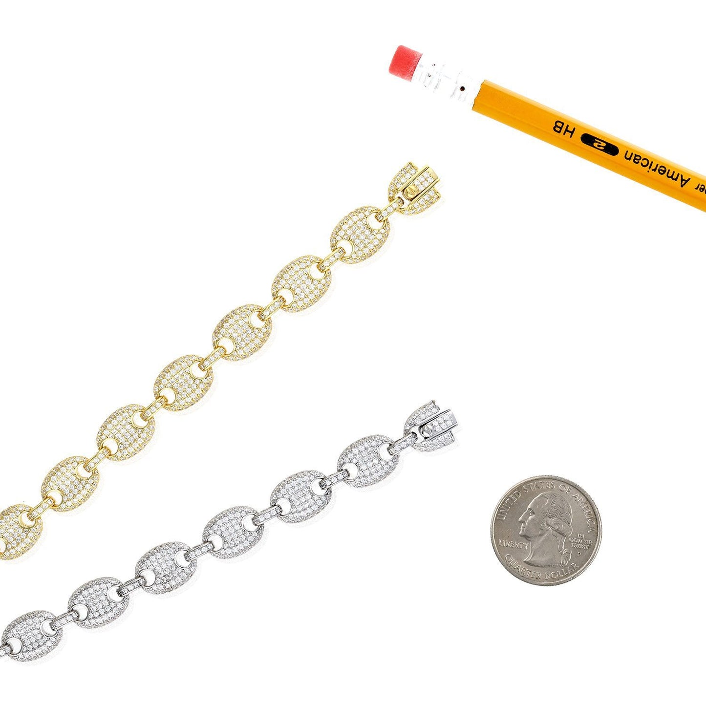 Gold Over Silver CZ 10mm Puffed Mariner Anchor Bracelet 8"-9"
