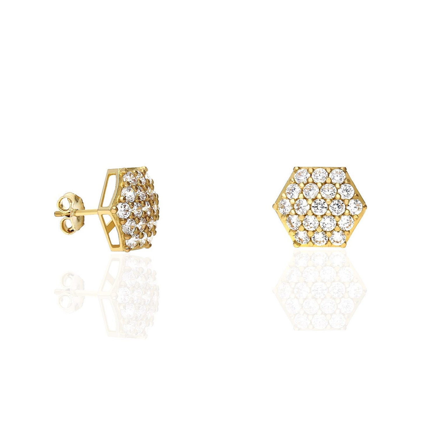 10K Yellow Gold Pave Set 1.25Ct CZ Hexagon Cluster Stud Earrings