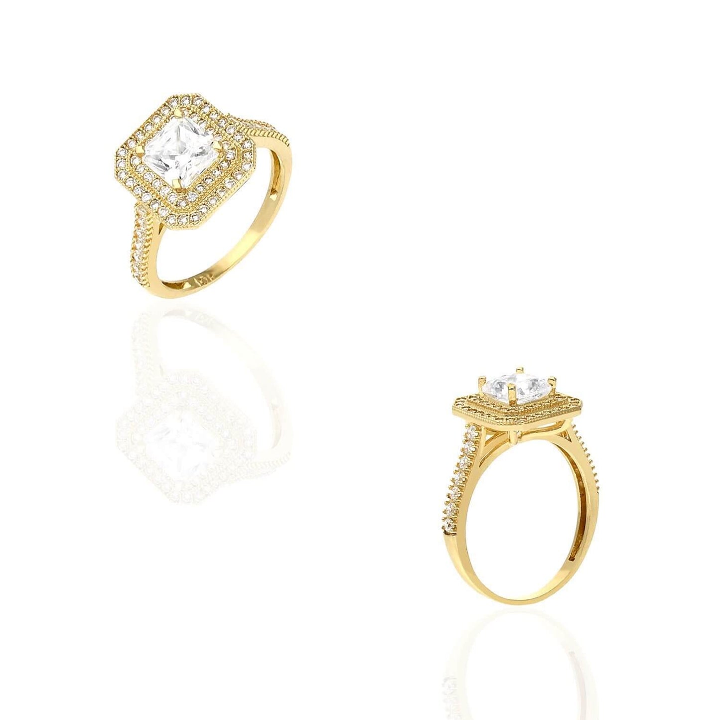 Real 10K Gold 2Ct Asscher CZ Double Halo Engagement Ring
