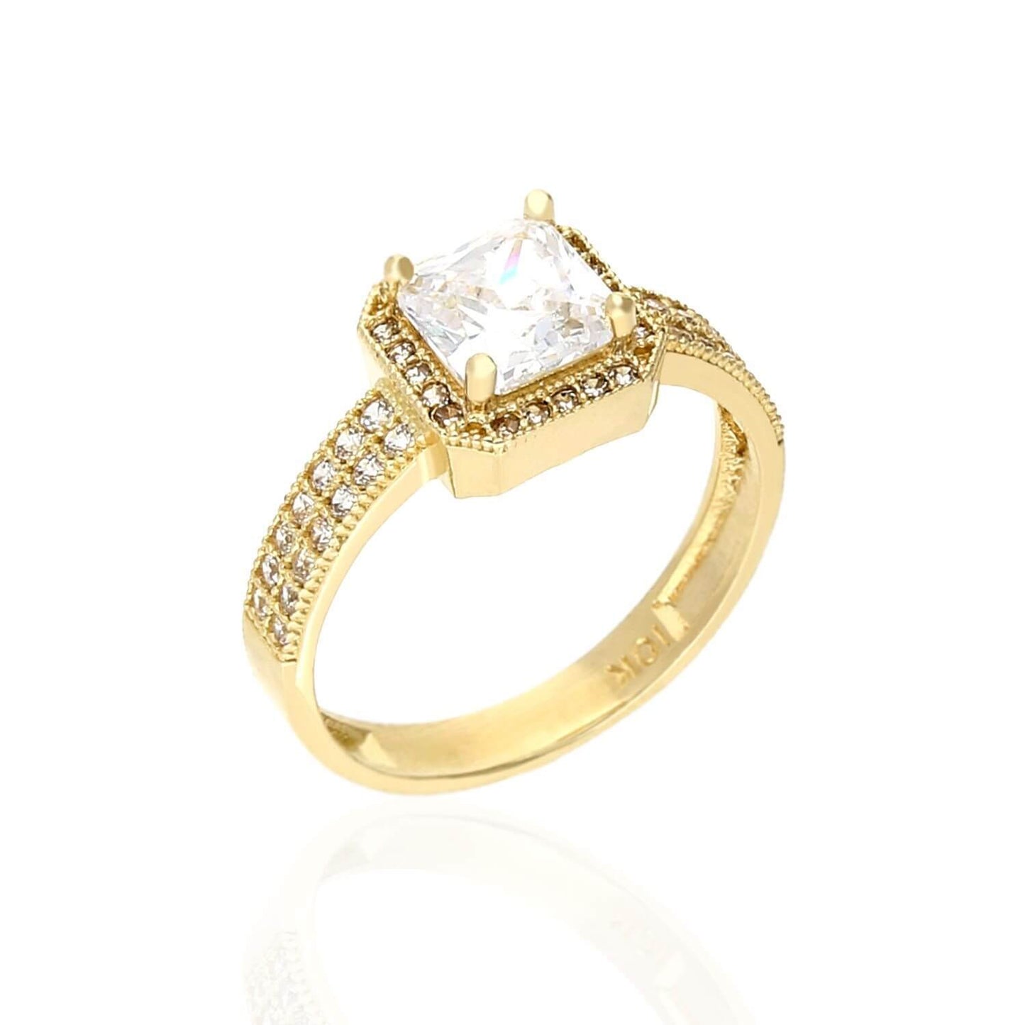 2TCW CZ Asscher Shape 10K Gold Yellow 2-Row Halo Engagement Ring