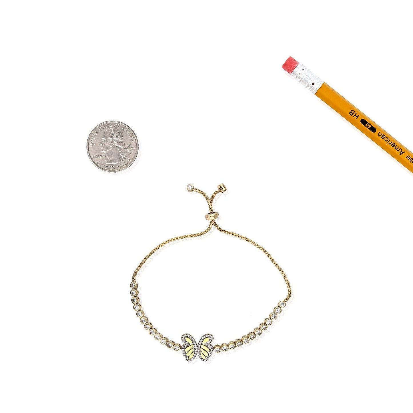 10K Yellow Gold Bezel Set CZ Popcorn Butterfly Adjustable Bolo Bracelet