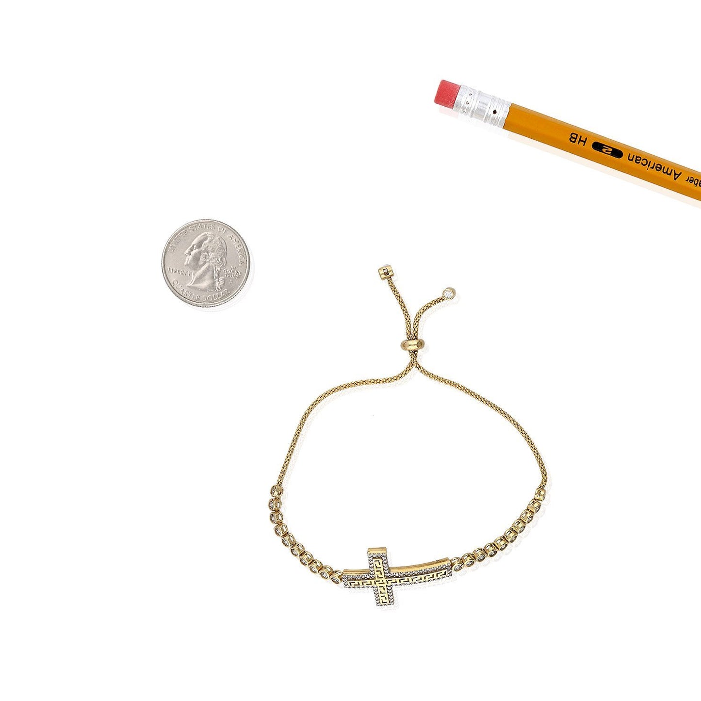10K Gold Yellow CZ Greek Key Cross Adjustable Bolo Bracelet