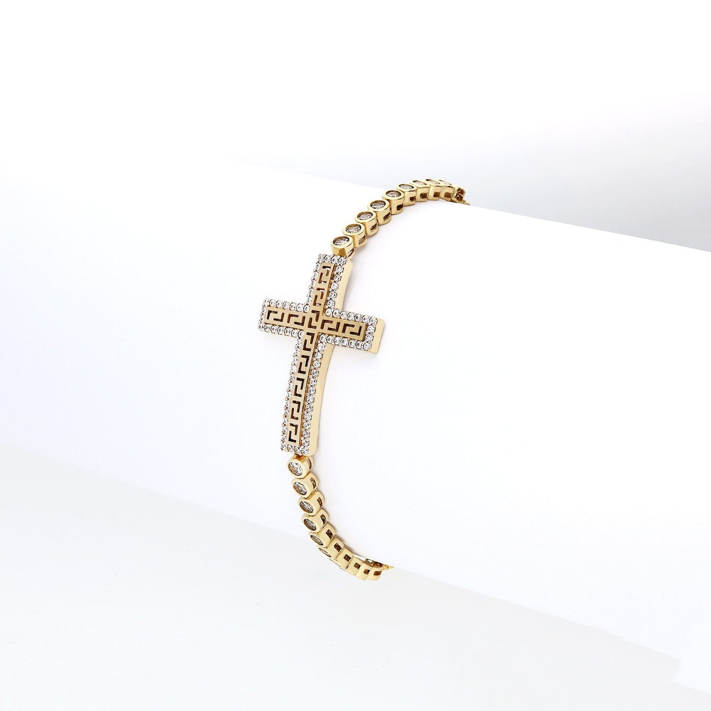 10K Gold Yellow CZ Greek Key Cross Adjustable Bolo Bracelet