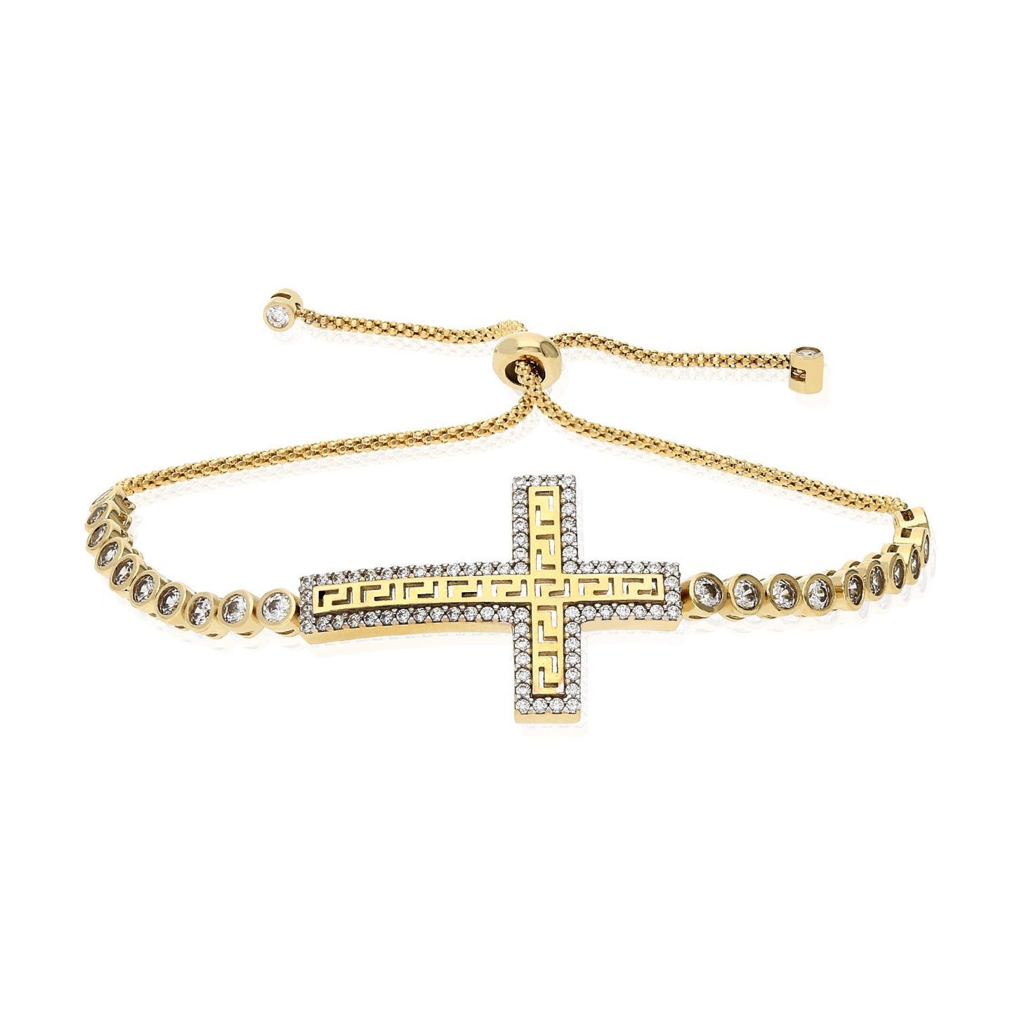 10K Gold Yellow CZ Greek Key Cross Adjustable Bolo Bracelet
