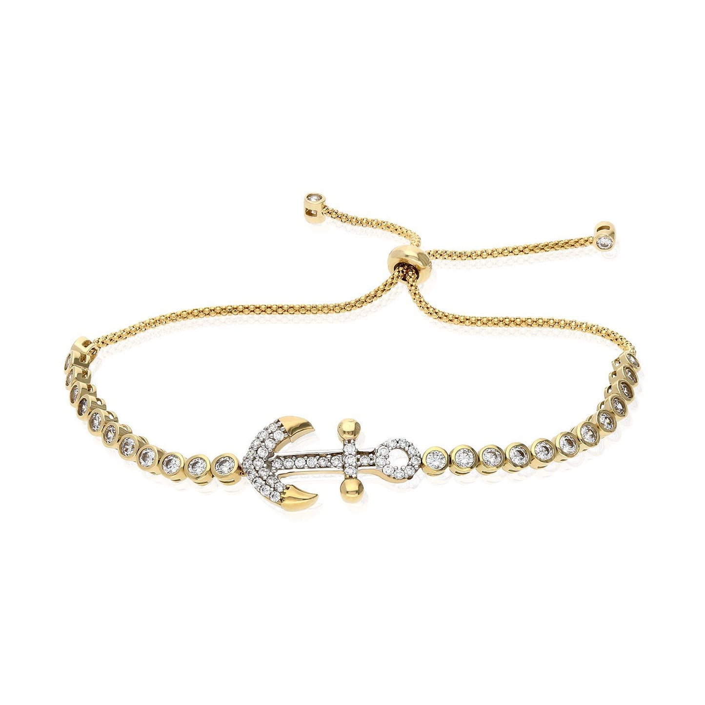 10K Gold Yellow CZ Anchor Charm Adjustable Bolo Bracelet
