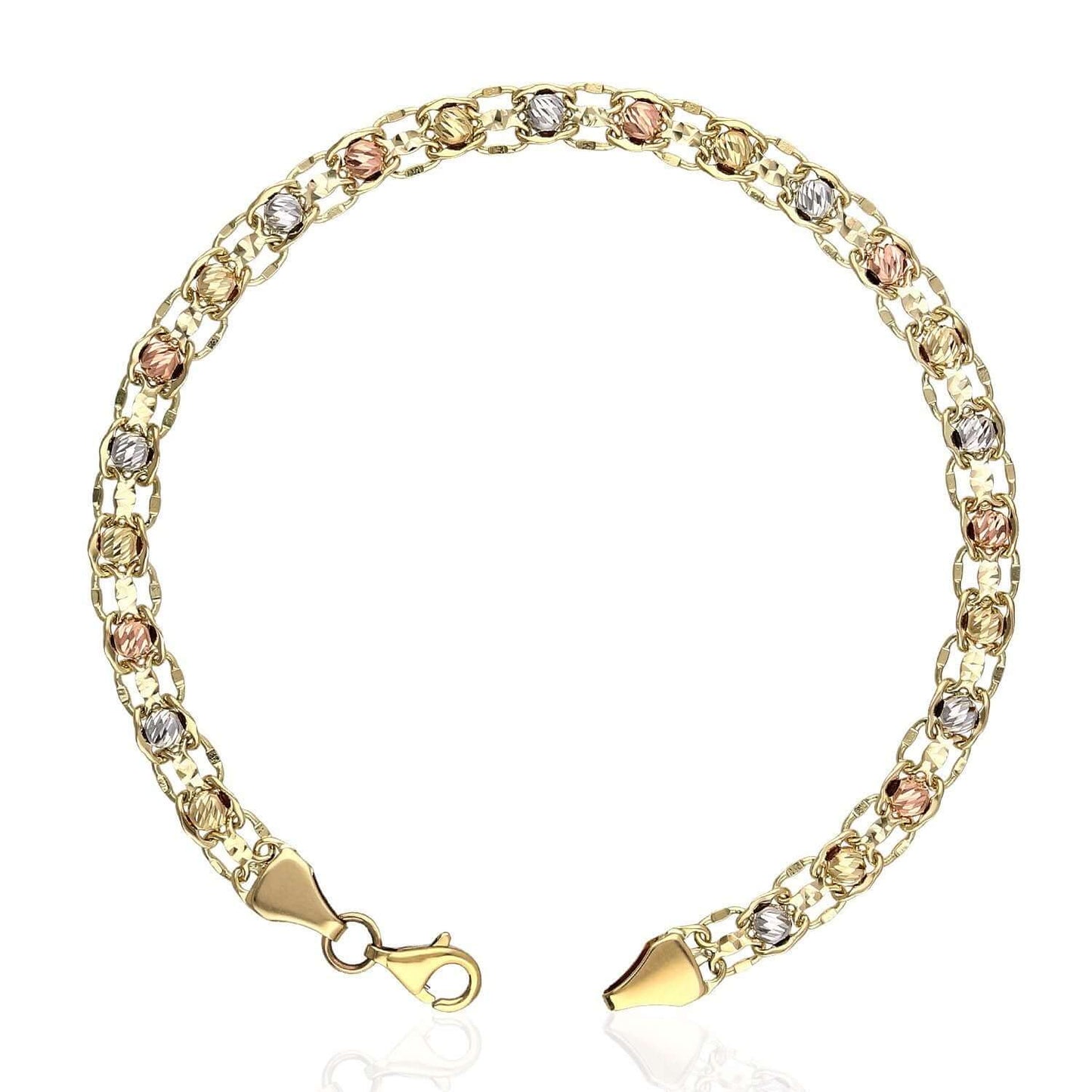 Diamond Cut Ball Beads 5mm Wide Bismark Bracelet 10K Tri-Color Gold 7.5"