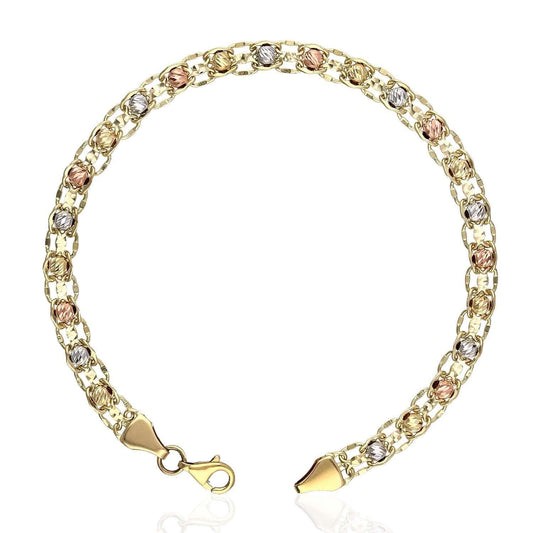 10K Tri-Color Gold Diamond-Cut Ball Beads 5mm Bismark Bracelet (Solid Links) 7.5"
