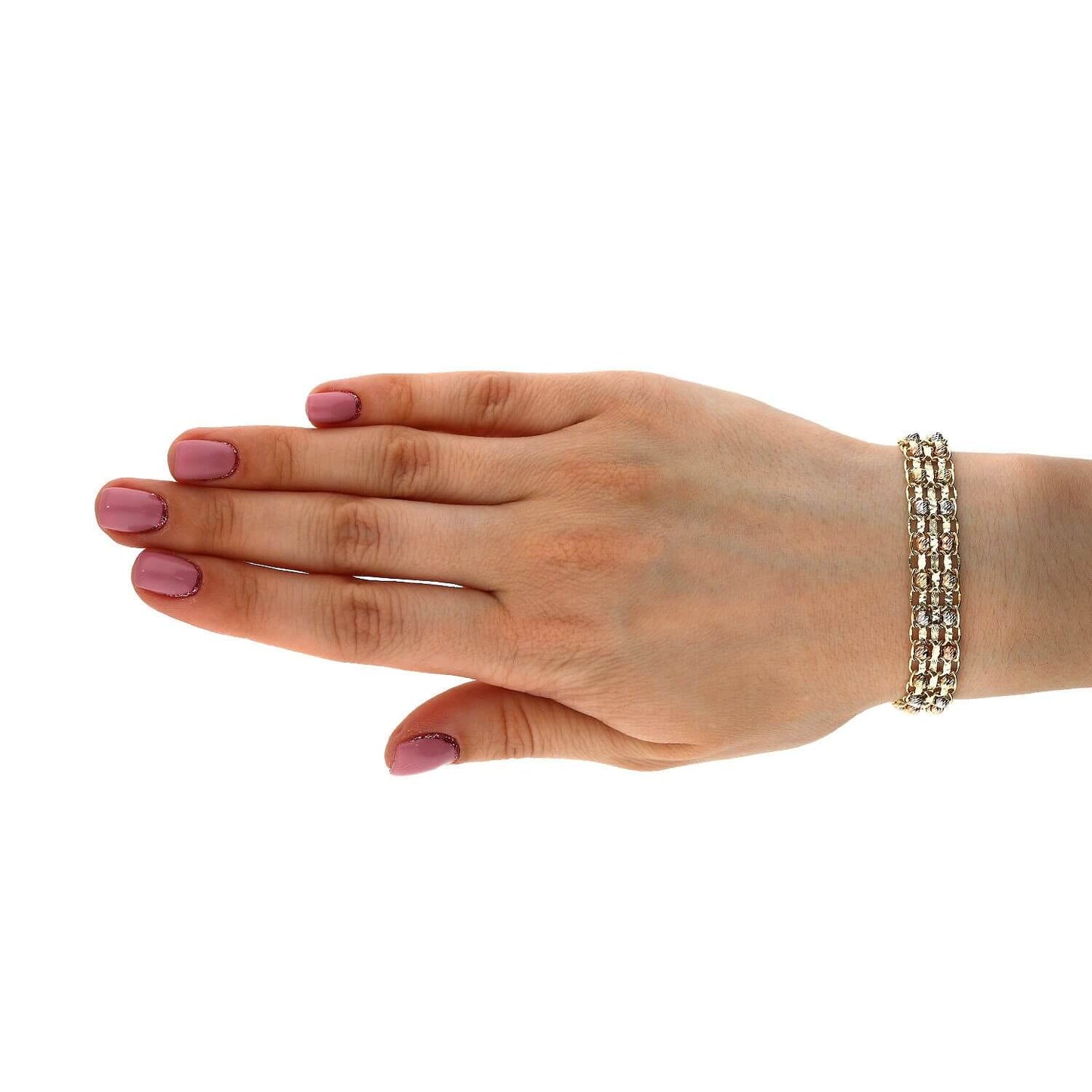 Two Raw Diamond-Cut Ball Beads Bismark Bracelet 10K Tri-Color Gold 7.5"