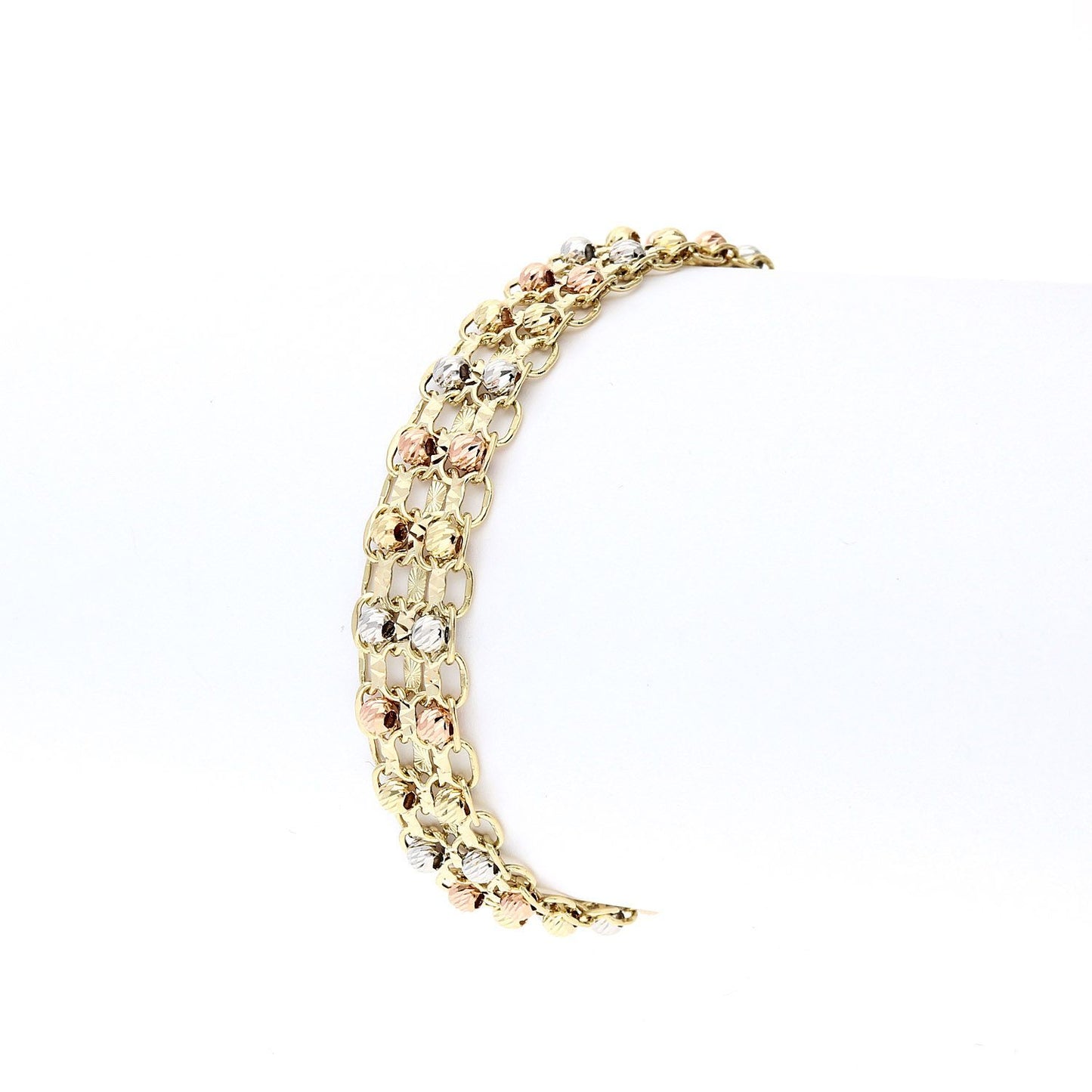 Two Raw Diamond Cut Ball Beads Bismark Bracelet 10K Tri-Color Gold 7.5"