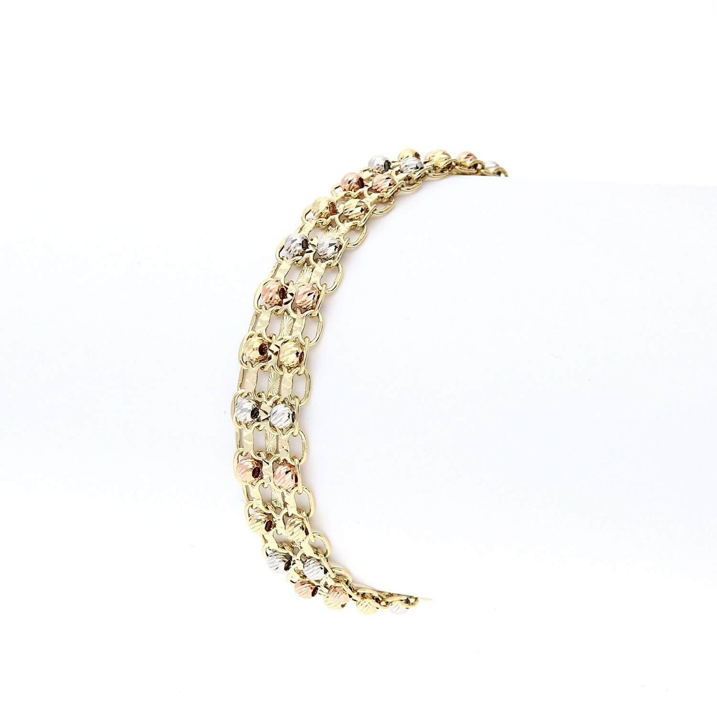 Two Raw Diamond-Cut Ball Beads Bismark Bracelet 10K Tri-Color Gold 7.5"