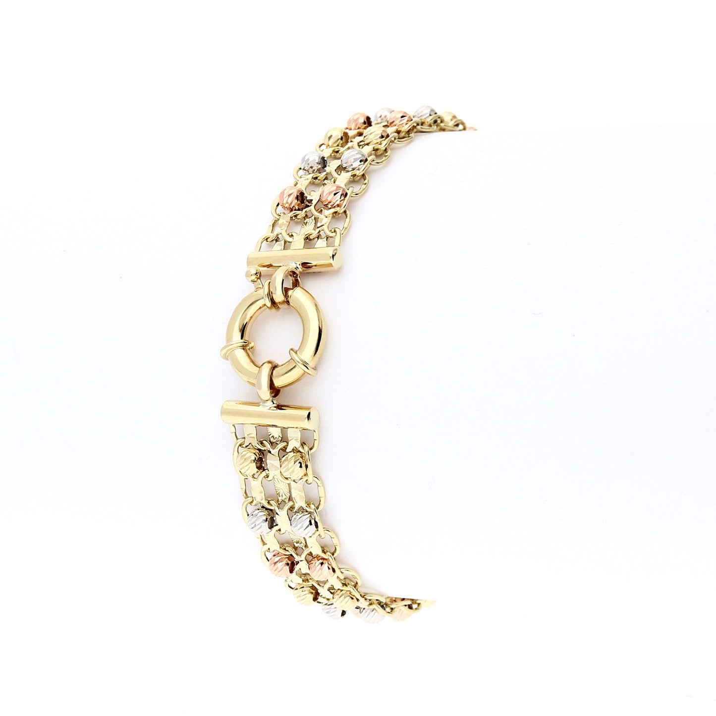Two Raw Diamond Cut Ball Beads Bismark Bracelet 10K Tri-Color Gold 7.5"