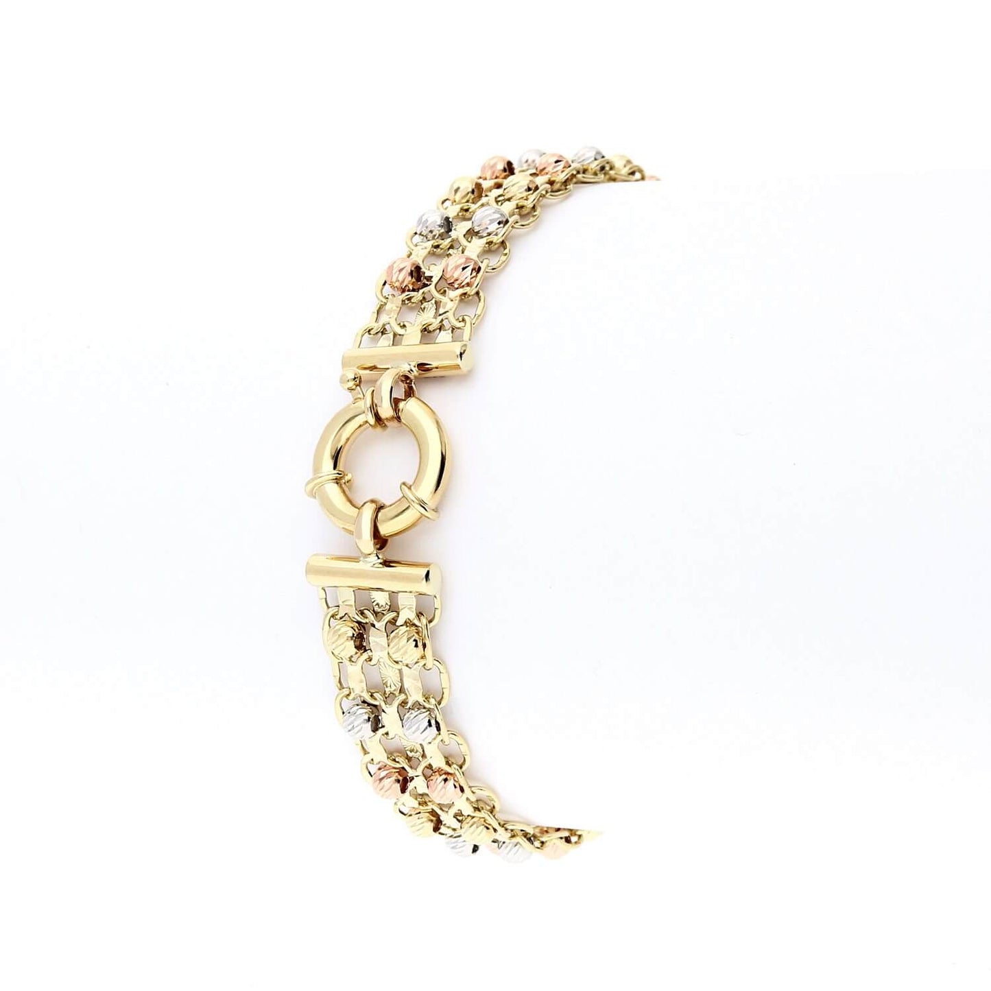 Two Raw Diamond-Cut Ball Beads Bismark Bracelet 10K Tri-Color Gold 7.5"