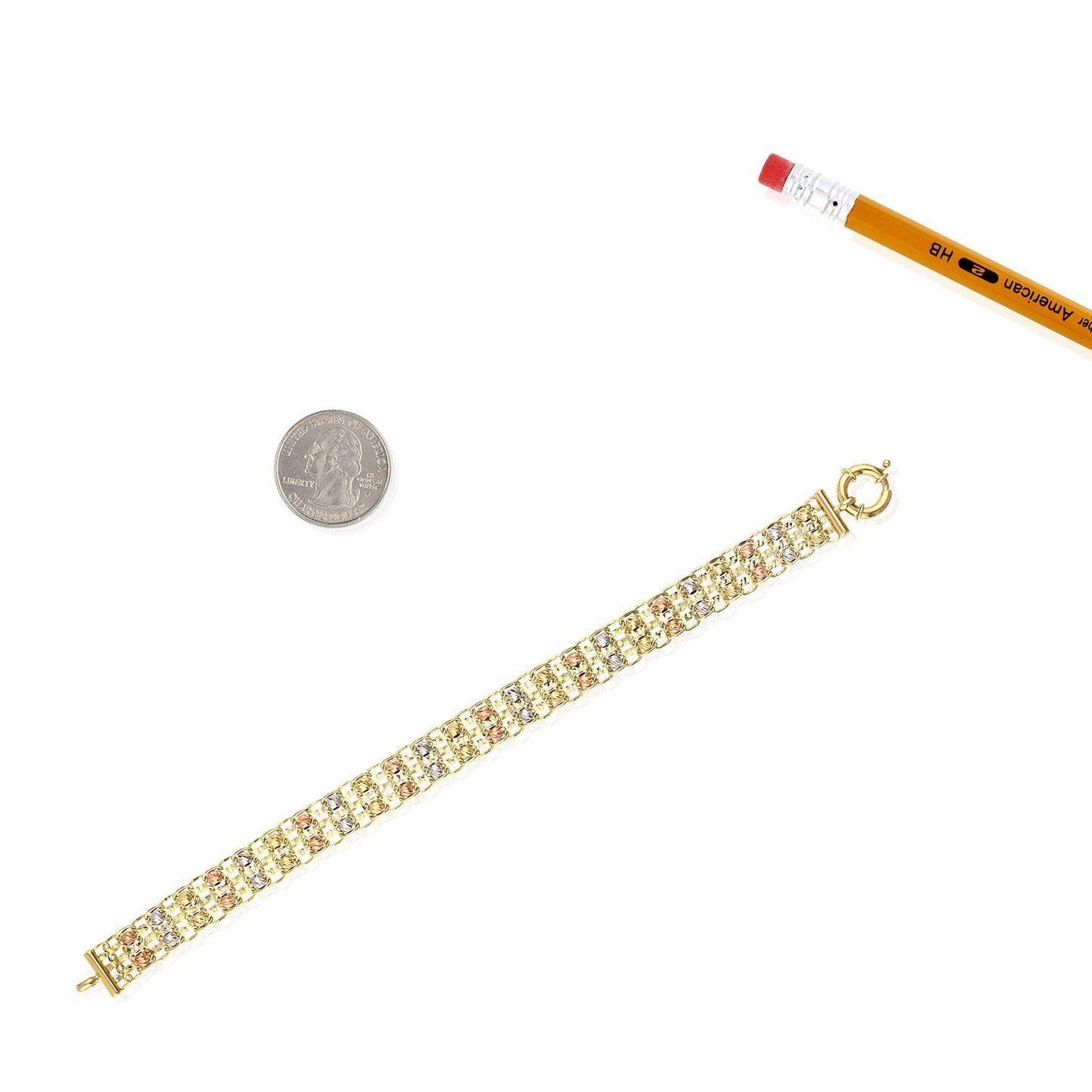 Two Raw Diamond Cut Ball Beads Bismark Bracelet 10K Tri-Color Gold 7.5"
