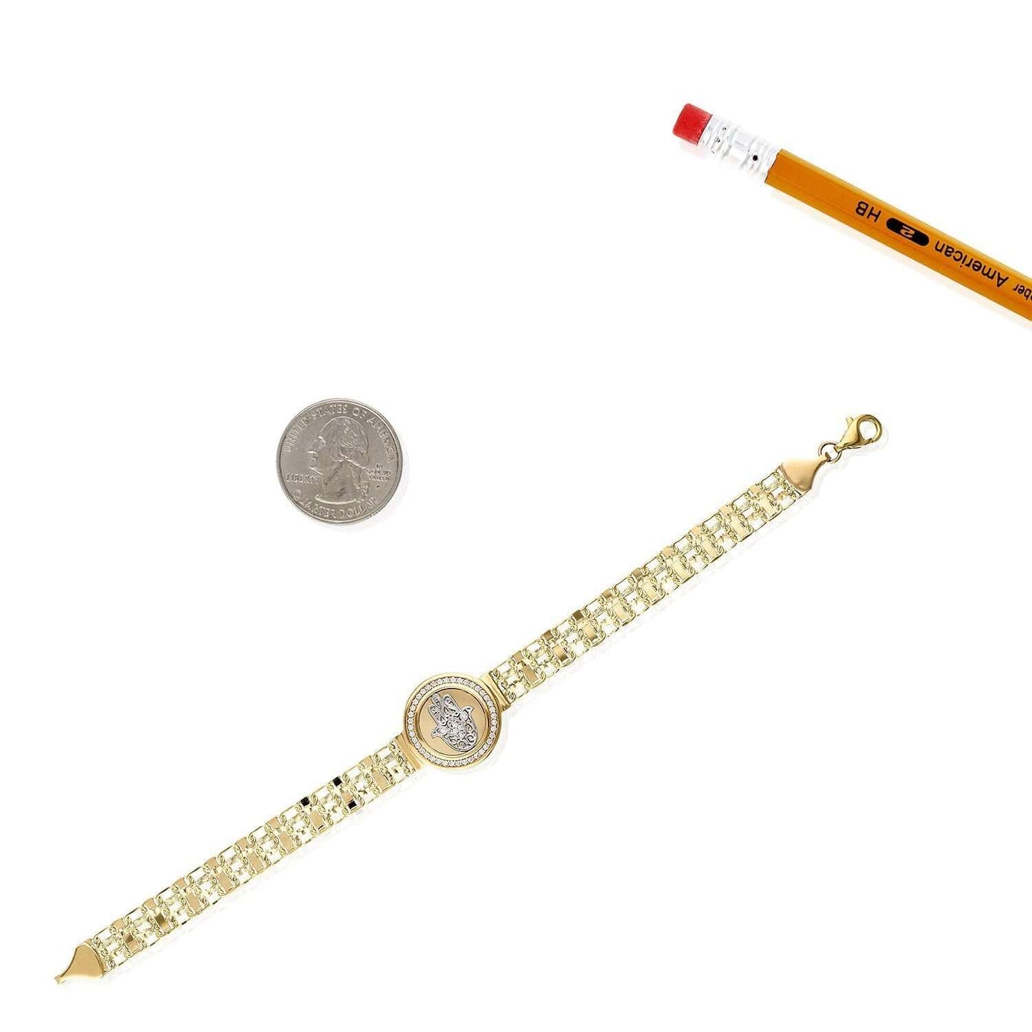 CZ Hamsa Medallion 10K Yellow Gold Bismark Bracelet 7.5"