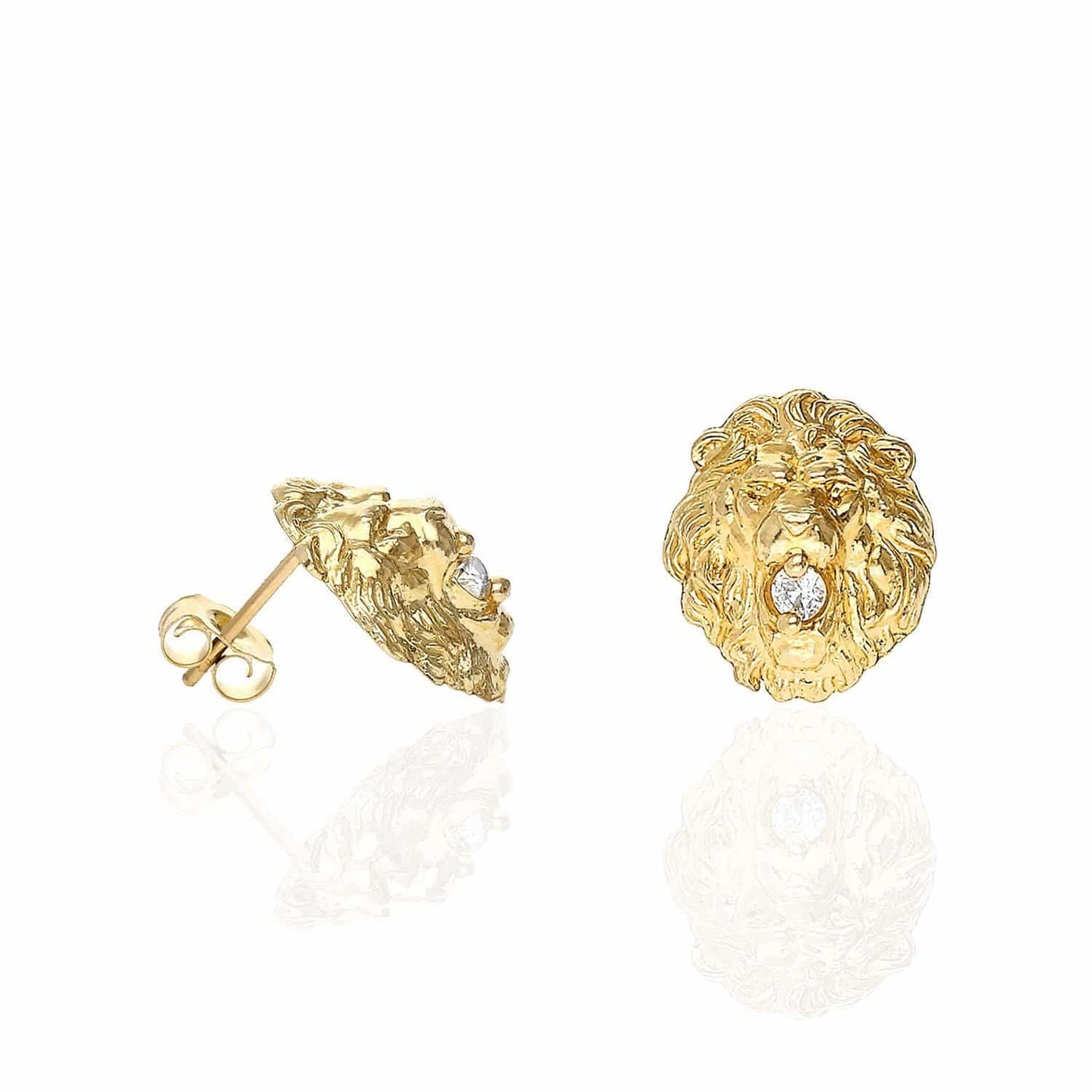 10K Real Gold Diamond-Cut White Zirconia Lion Head Stud Earrings