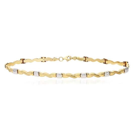 10K Yellow White Gold Two-Tone Diamond-Cut Stampato Wave Anklet (Hollow) 10"