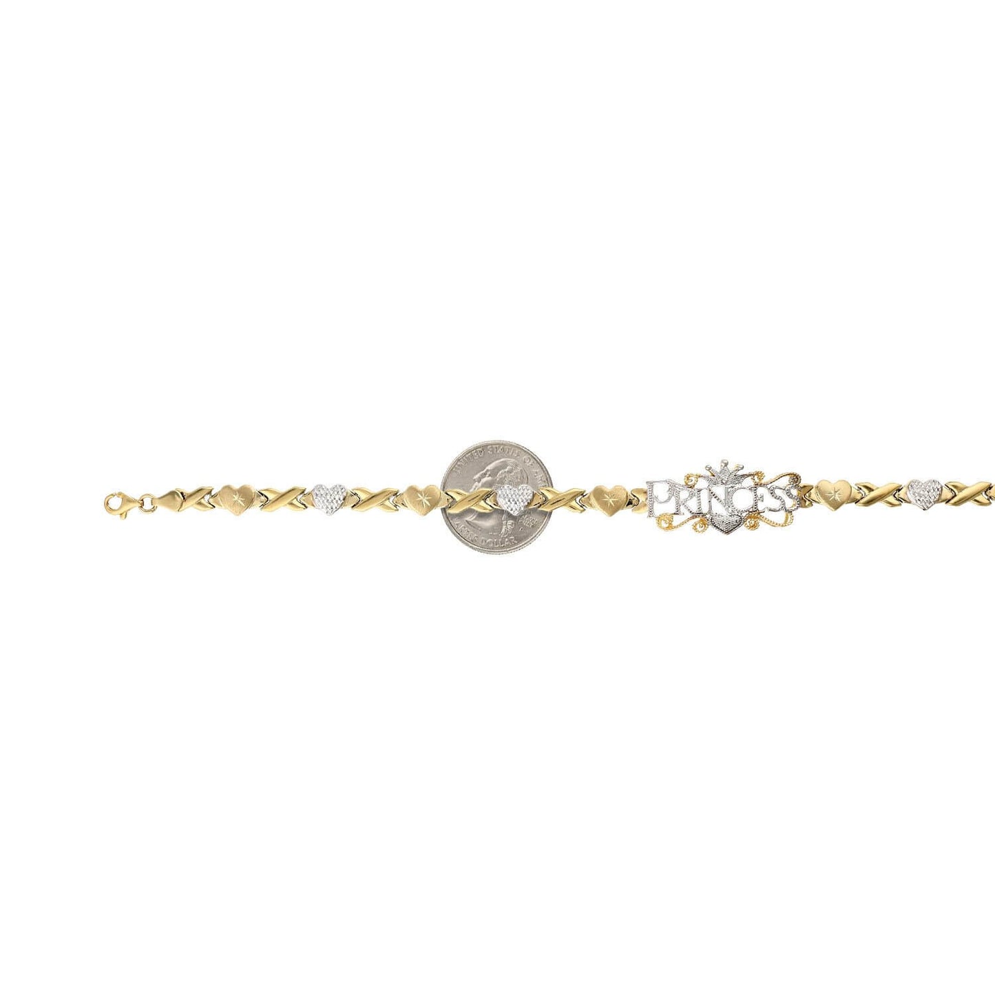 10K Gold Two-Tone Heart & Kisses "PRINCESS" XO Ankle Bracelet 10"