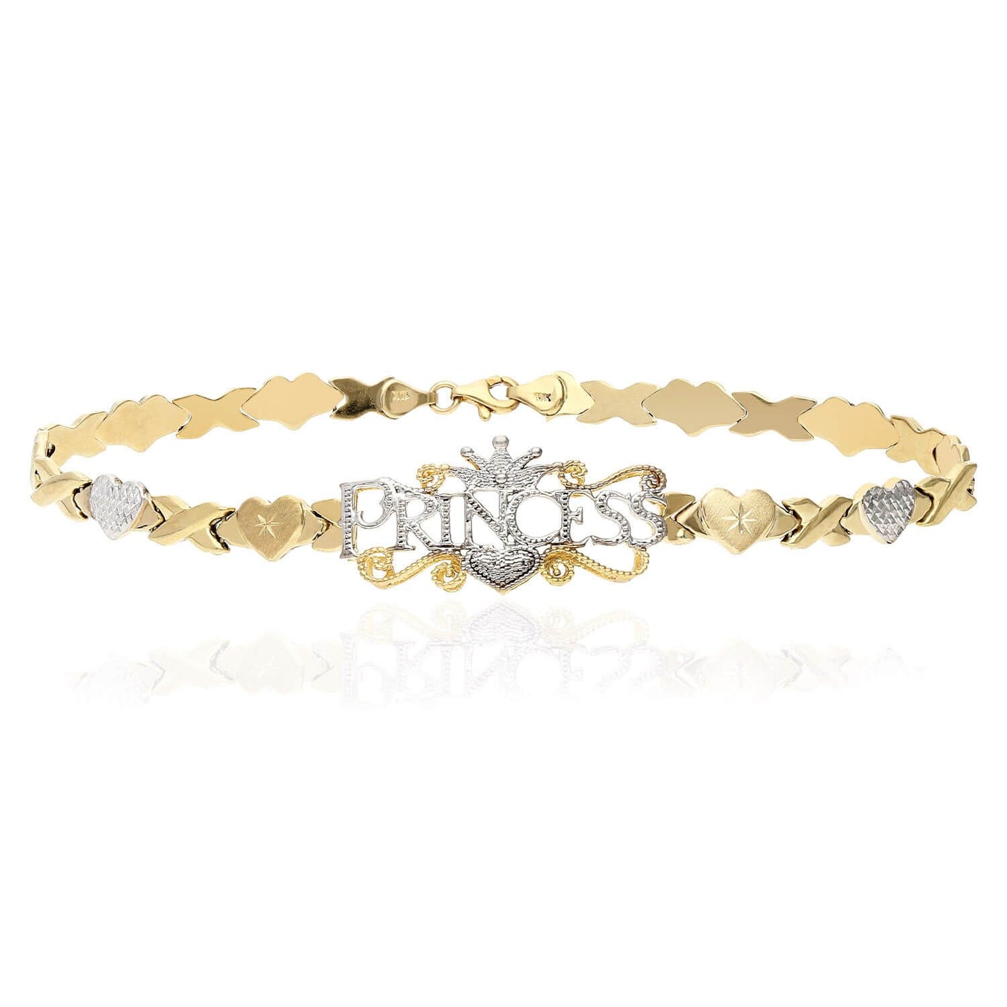 10K Gold Two-Tone Heart & Kisses "PRINCESS" XO Ankle Bracelet 10"